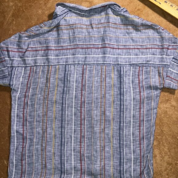 Women Small Blue Stripe Collar Button Up Roll up Short Sleeve Poly Shirt (P) - Picture 7 of 7